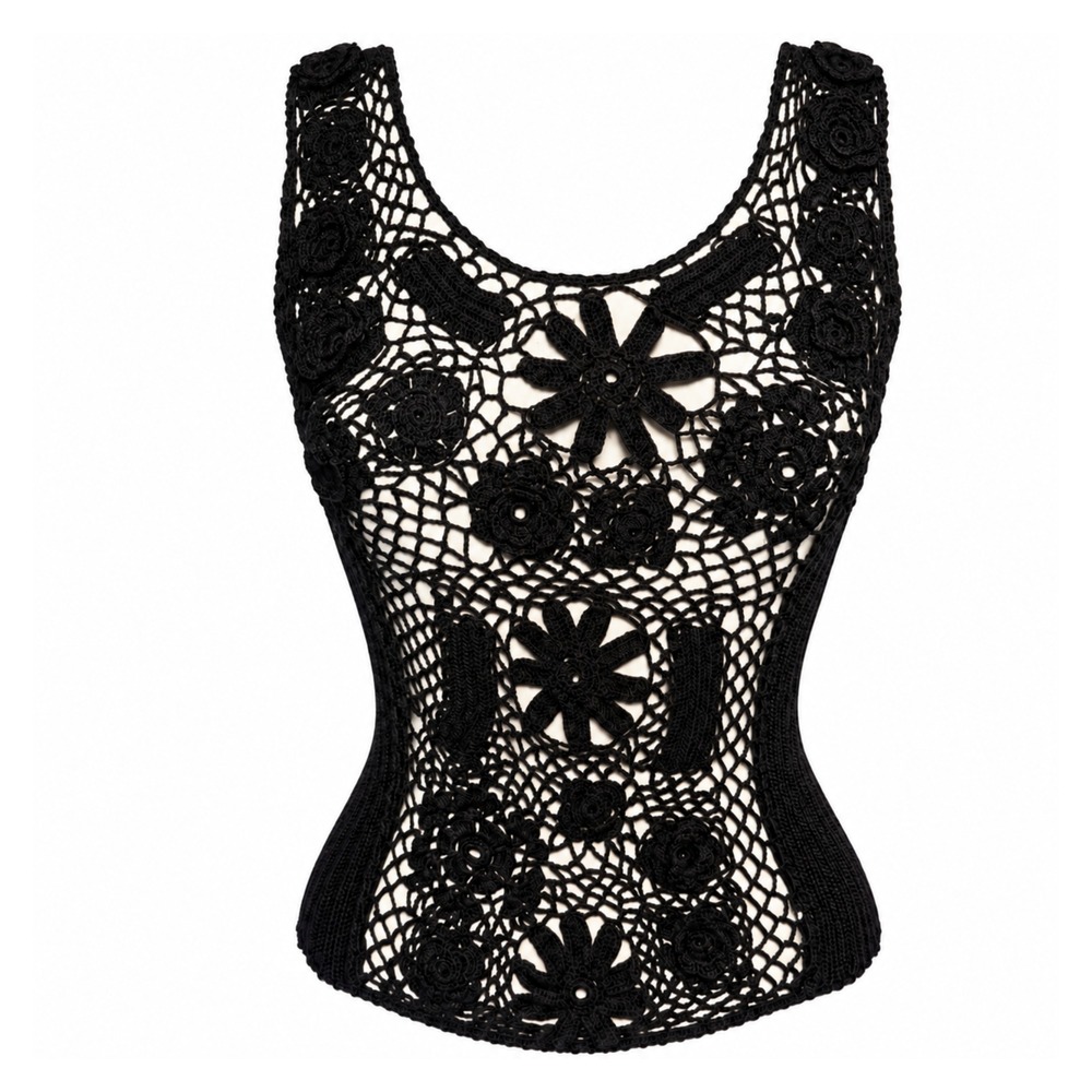 Blumarine Vintage Silk Knit Black Sleeveless Top with Floral Appliqués Size XS